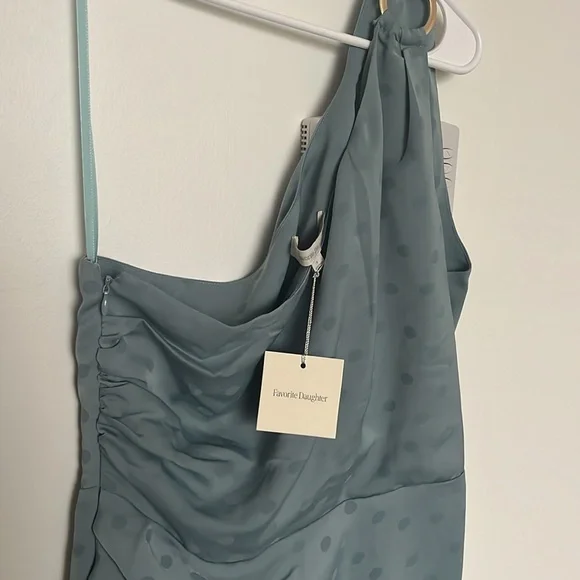 Favorite Daughter The Singles Table Blue Slate Polka Dot One-Shoulder Dress, new - Picture 5 of 9